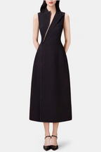 Flowering Girl Women Asymmetric Collar Sleeveless Midi Dress - Black