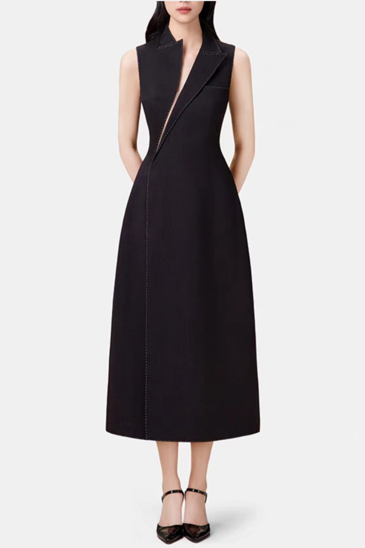 Flowering Girl Women Asymmetric Collar Sleeveless Midi Dress - Black