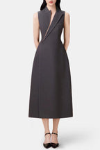 Flowering Girl Women Asymmetric Collar Sleeveless Midi Dress - Grey