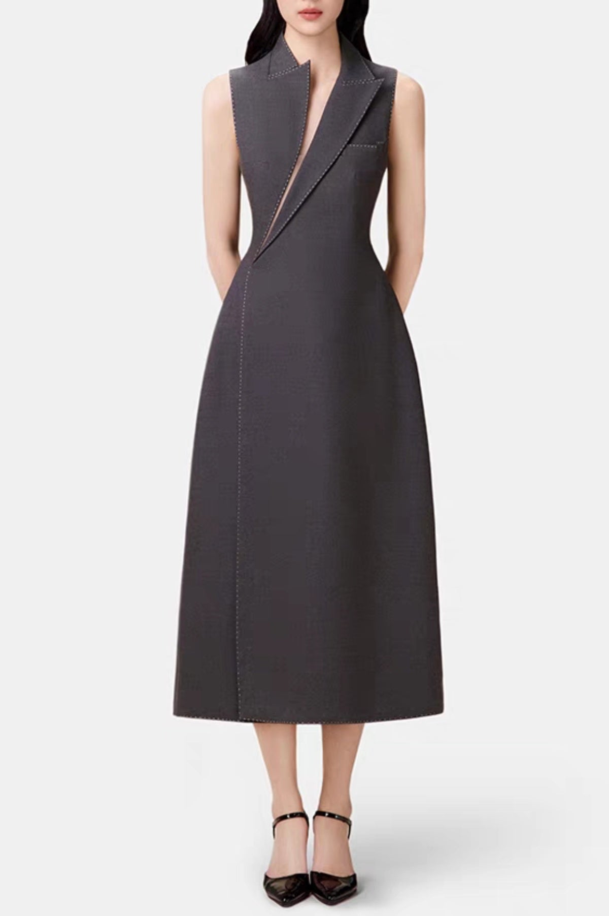 Flowering Girl Women Asymmetric Collar Sleeveless Midi Dress - Grey