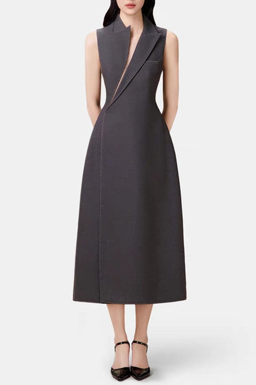 Flowering Girl Women Asymmetric Collar Sleeveless Midi Dress - Grey