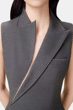 Flowering Girl Women Asymmetric Collar Sleeveless Midi Dress - Grey