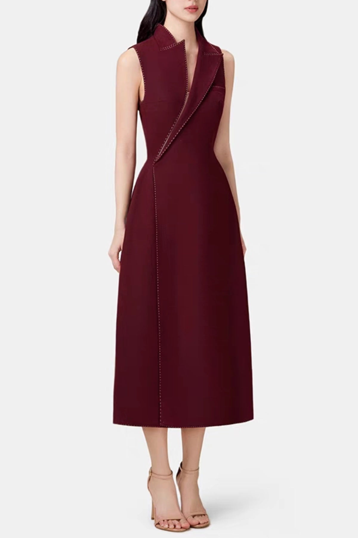 Flowering Girl Women Asymmetric Collar Sleeveless Midi Dress - Wine
