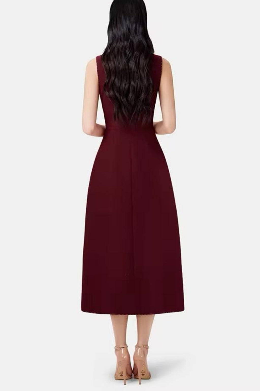 Flowering Girl Women Asymmetric Collar Sleeveless Midi Dress - Wine