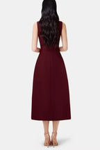 Flowering Girl Women Asymmetric Collar Sleeveless Midi Dress - Wine