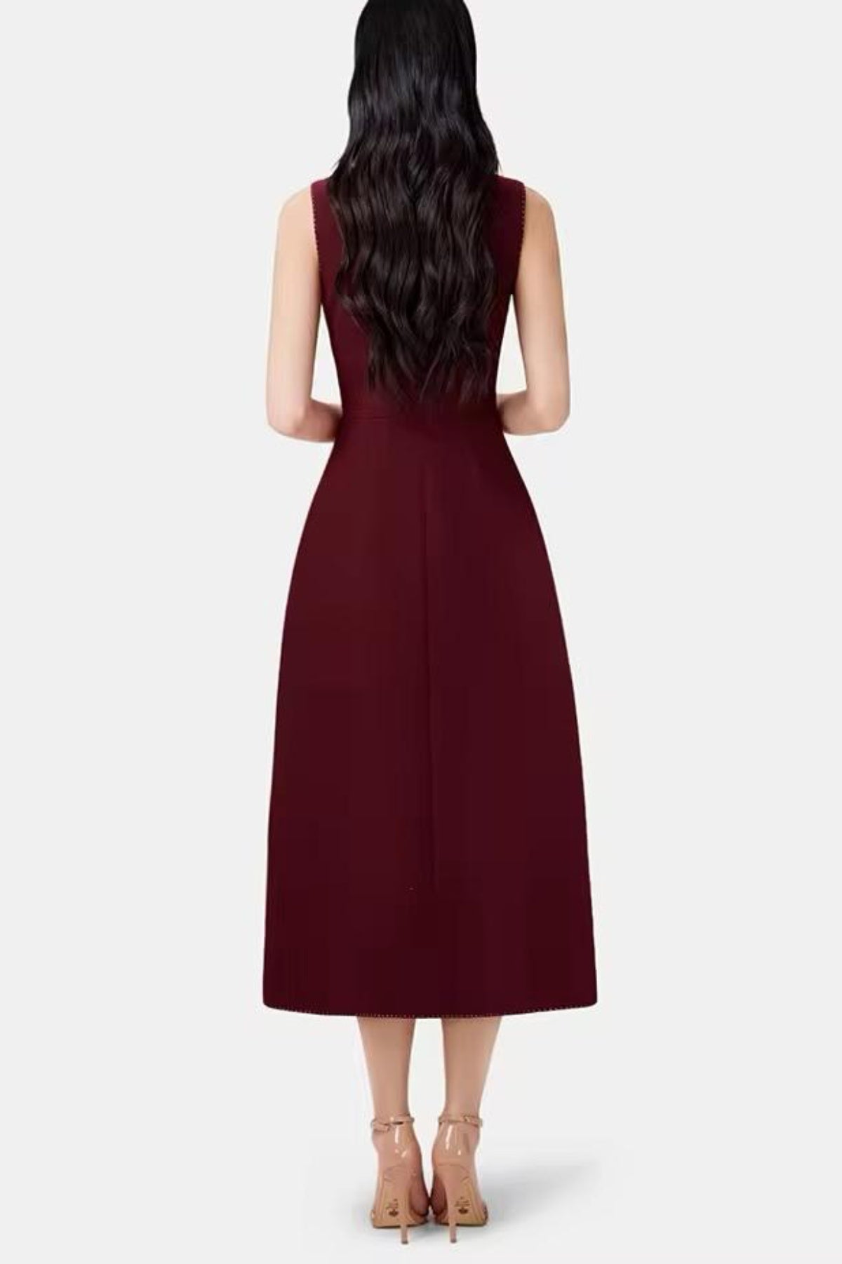 Flowering Girl Women Asymmetric Collar Sleeveless Midi Dress - Wine