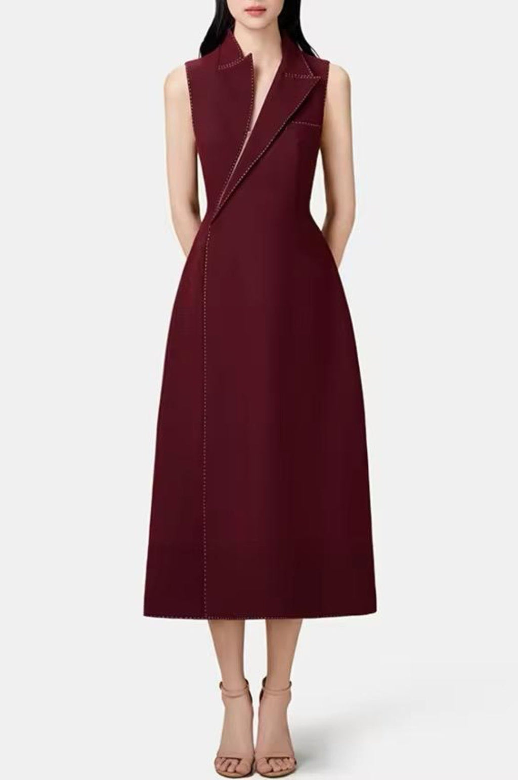 Flowering Girl Women Asymmetric Collar Sleeveless Midi Dress - Wine