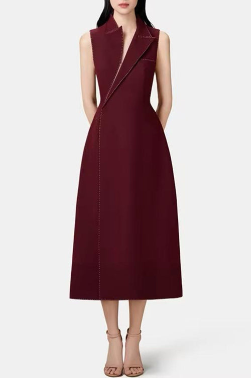 Flowering Girl Women Asymmetric Collar Sleeveless Midi Dress - Wine