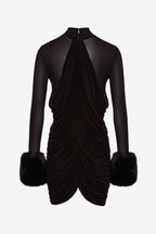 Flowering Girl Women Vevida Ruched Mesh Faux Fur Mini Dress in black