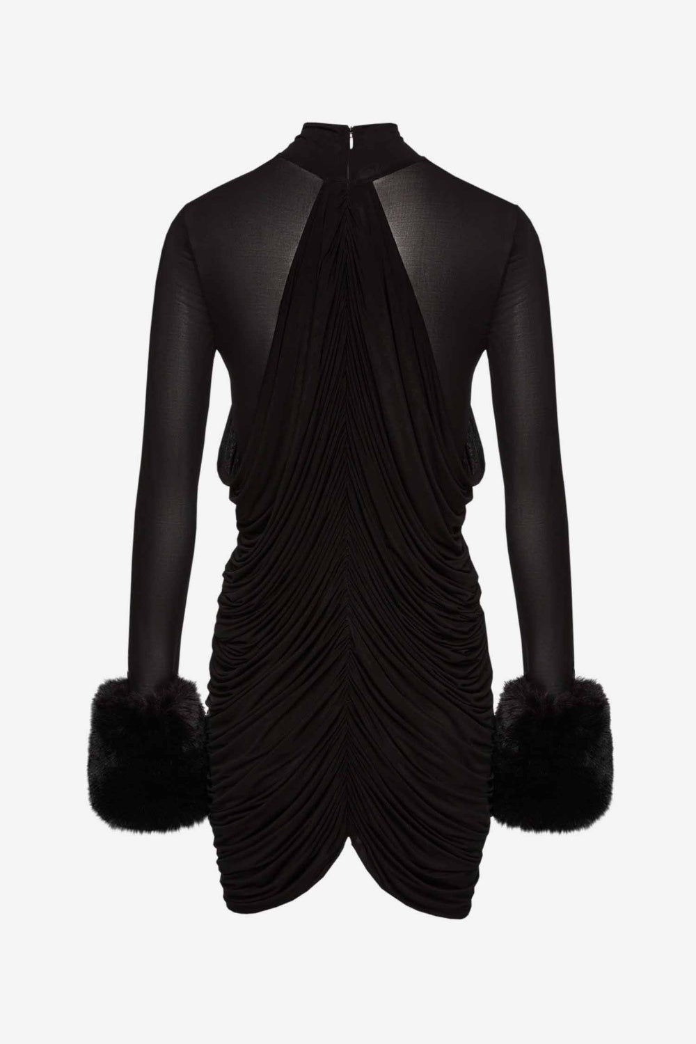 Flowering Girl Women Vevida Ruched Mesh Faux Fur Mini Dress in black
