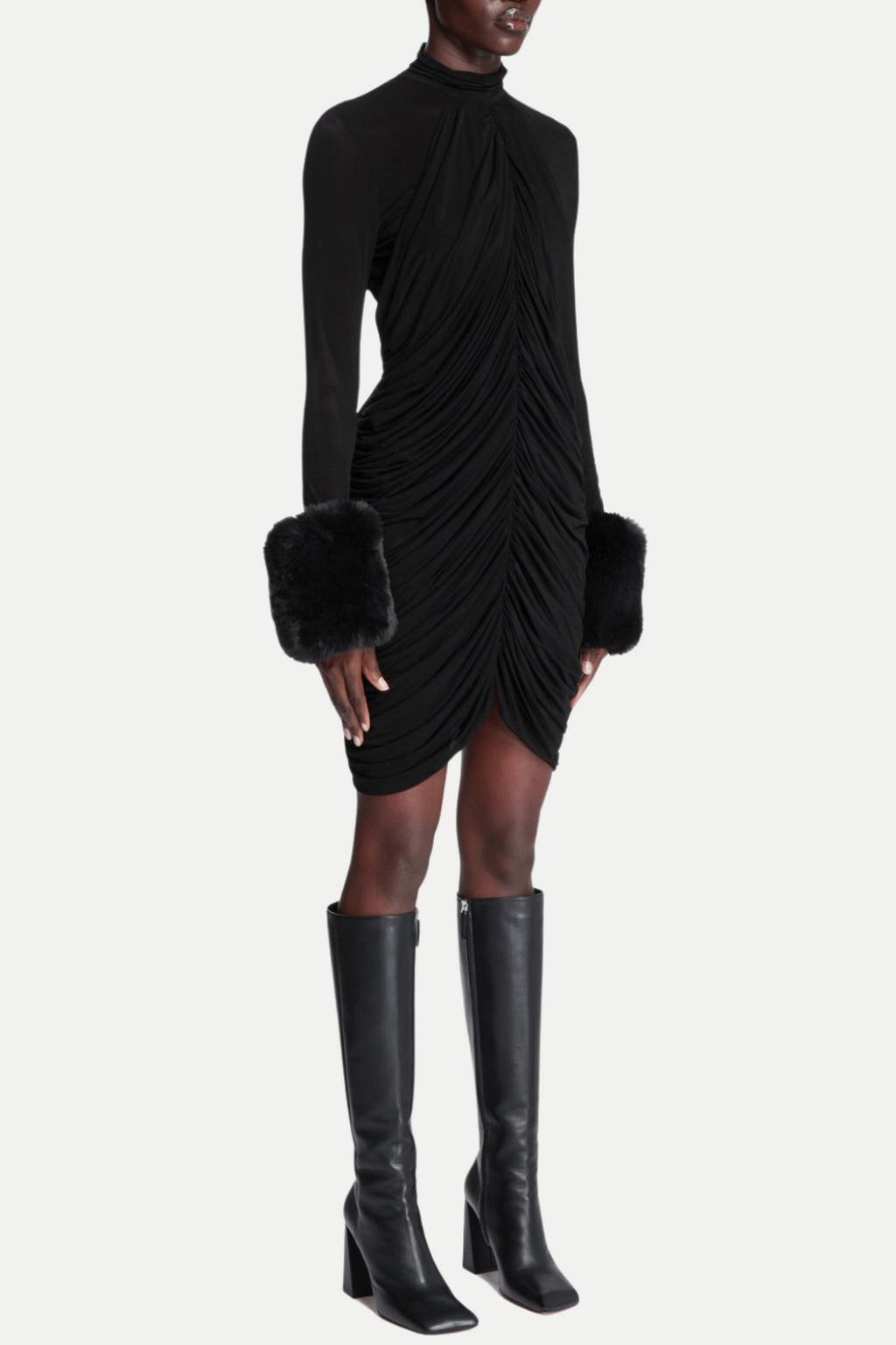 Flowering Girl Women Vevida Ruched Mesh Faux Fur Mini Dress in black
