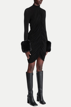 Flowering Girl Women Vevida Ruched Mesh Faux Fur Mini Dress in black
