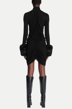 Flowering Girl Women Vevida Ruched Mesh Faux Fur Mini Dress in black