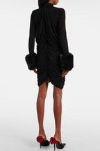 Flowering Girl Women Vevida Ruched Mesh Faux Fur Mini Dress in black