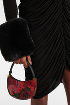 Flowering Girl Women Vevida Ruched Mesh Faux Fur Mini Dress in black