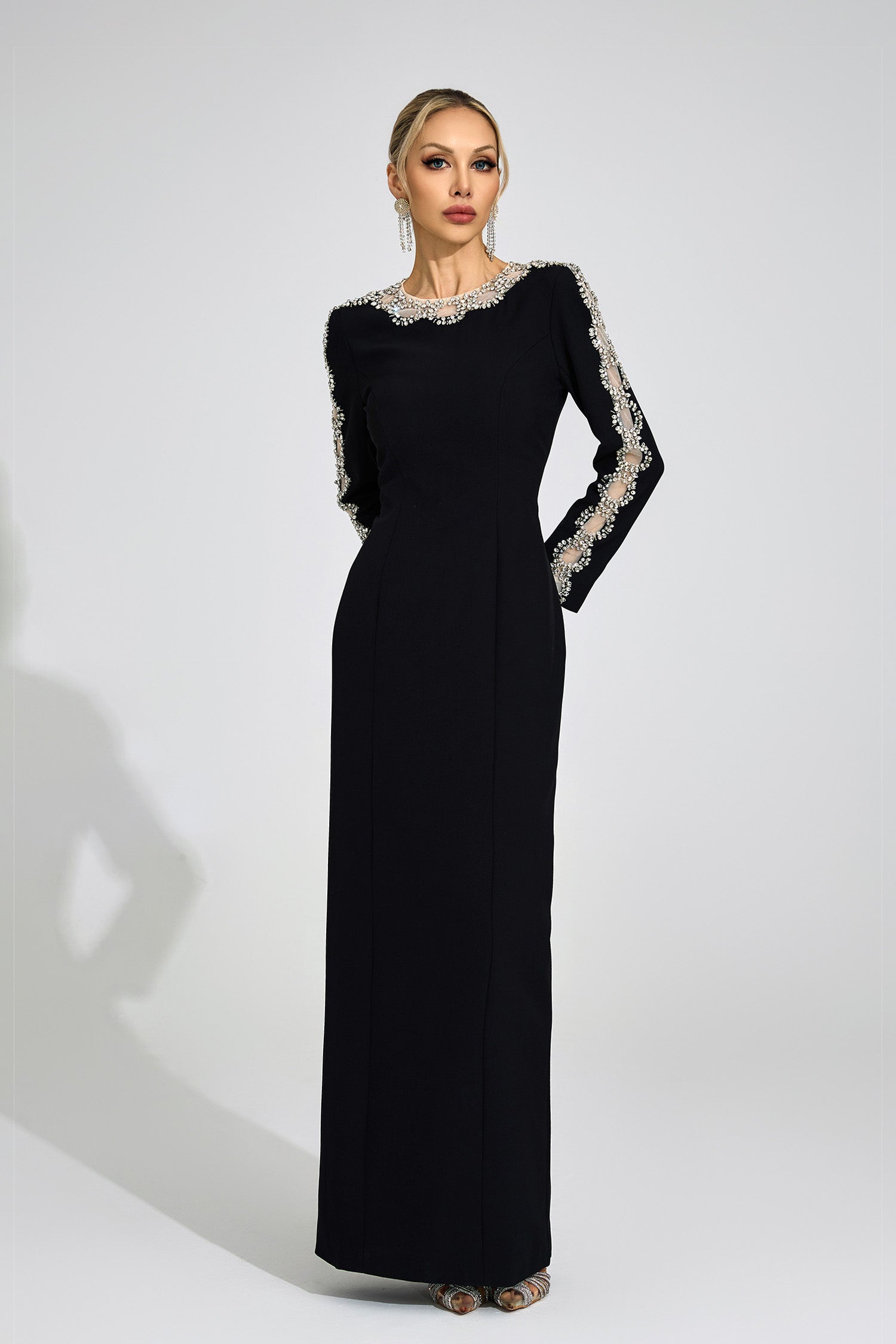 Flowering Girl Women tiffany rhinestone embellished cutout maxi dress - black