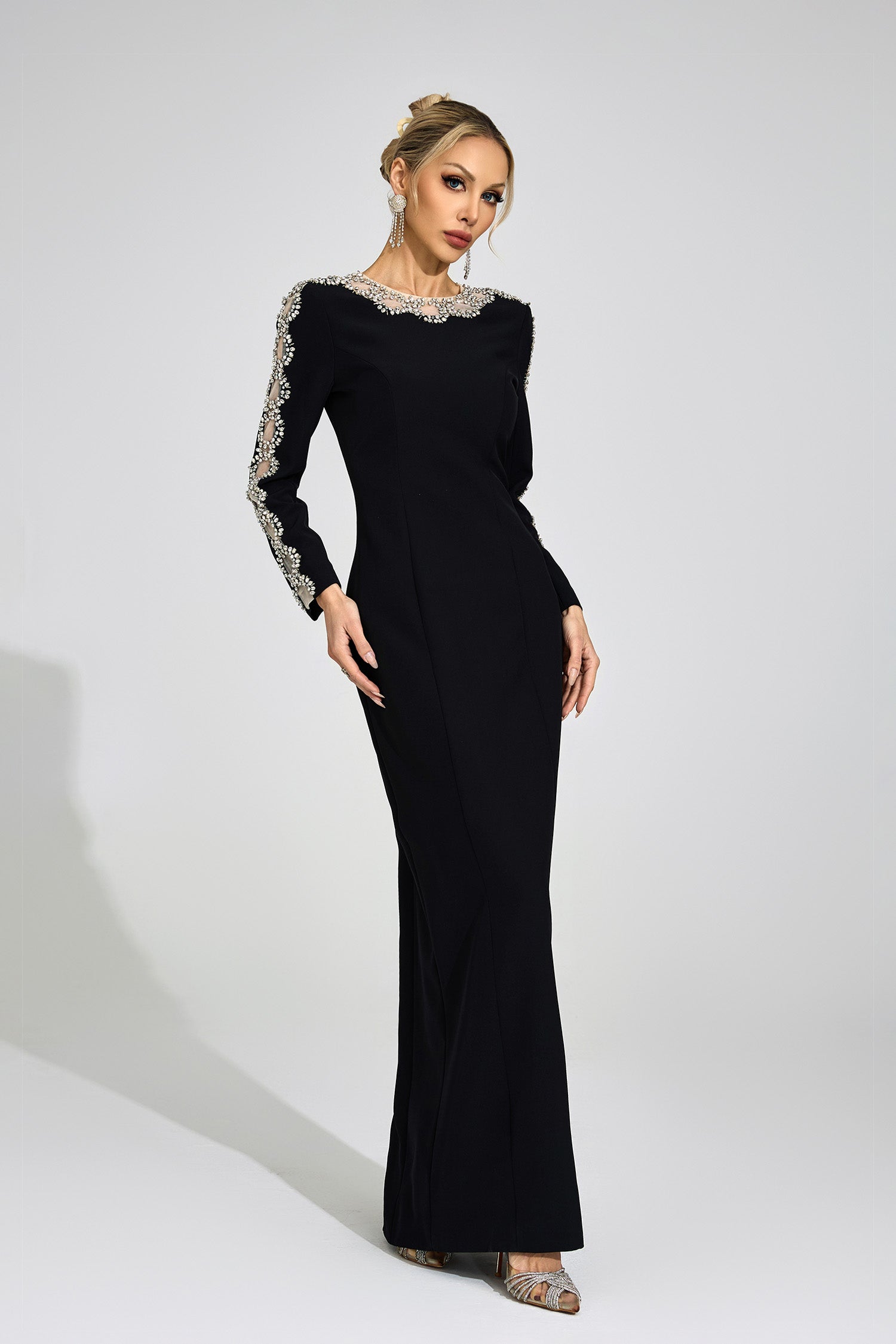 Flowering Girl Women tiffany rhinestone embellished cutout maxi dress - black