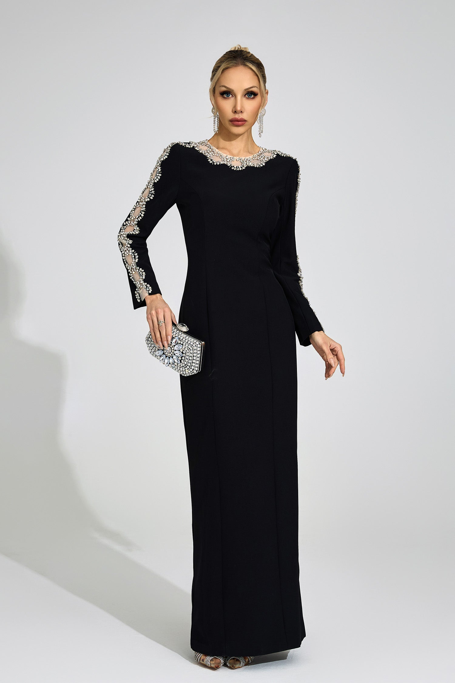 Flowering Girl Women tiffany rhinestone embellished cutout maxi dress - black