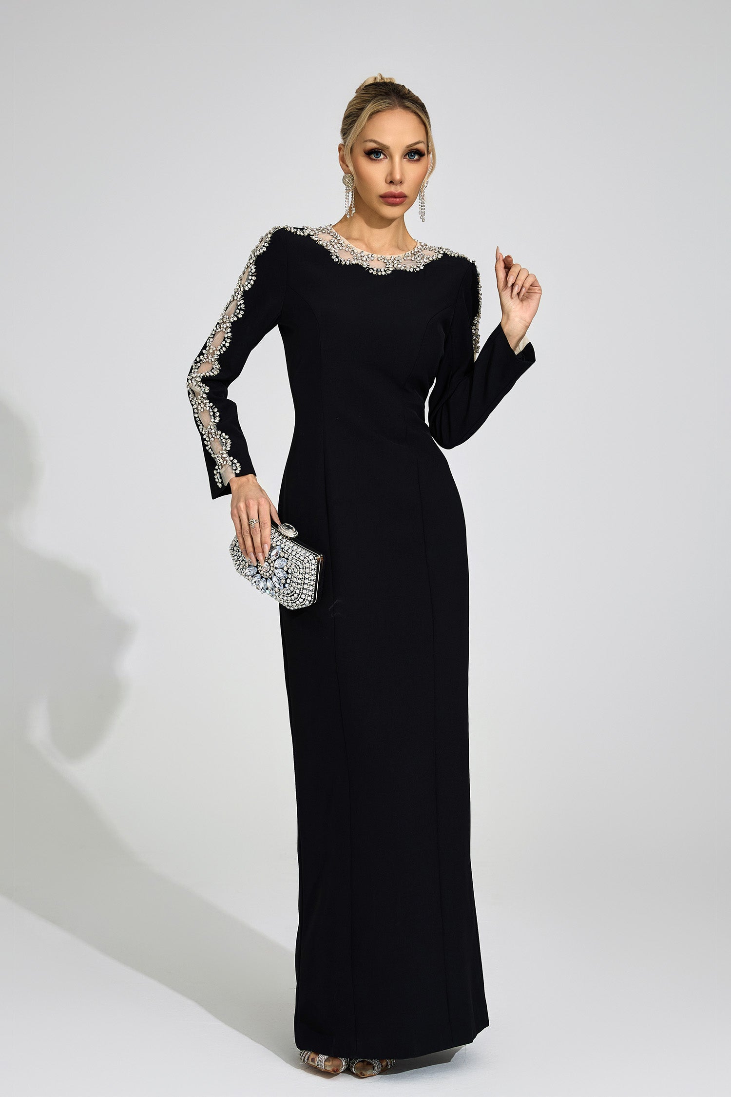 Flowering Girl Women tiffany rhinestone embellished cutout maxi dress - black