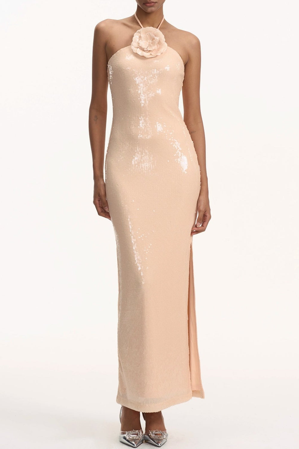 Flowering Girl Women Vidonia Halter Floral Sequin Maxi Dress - Nude