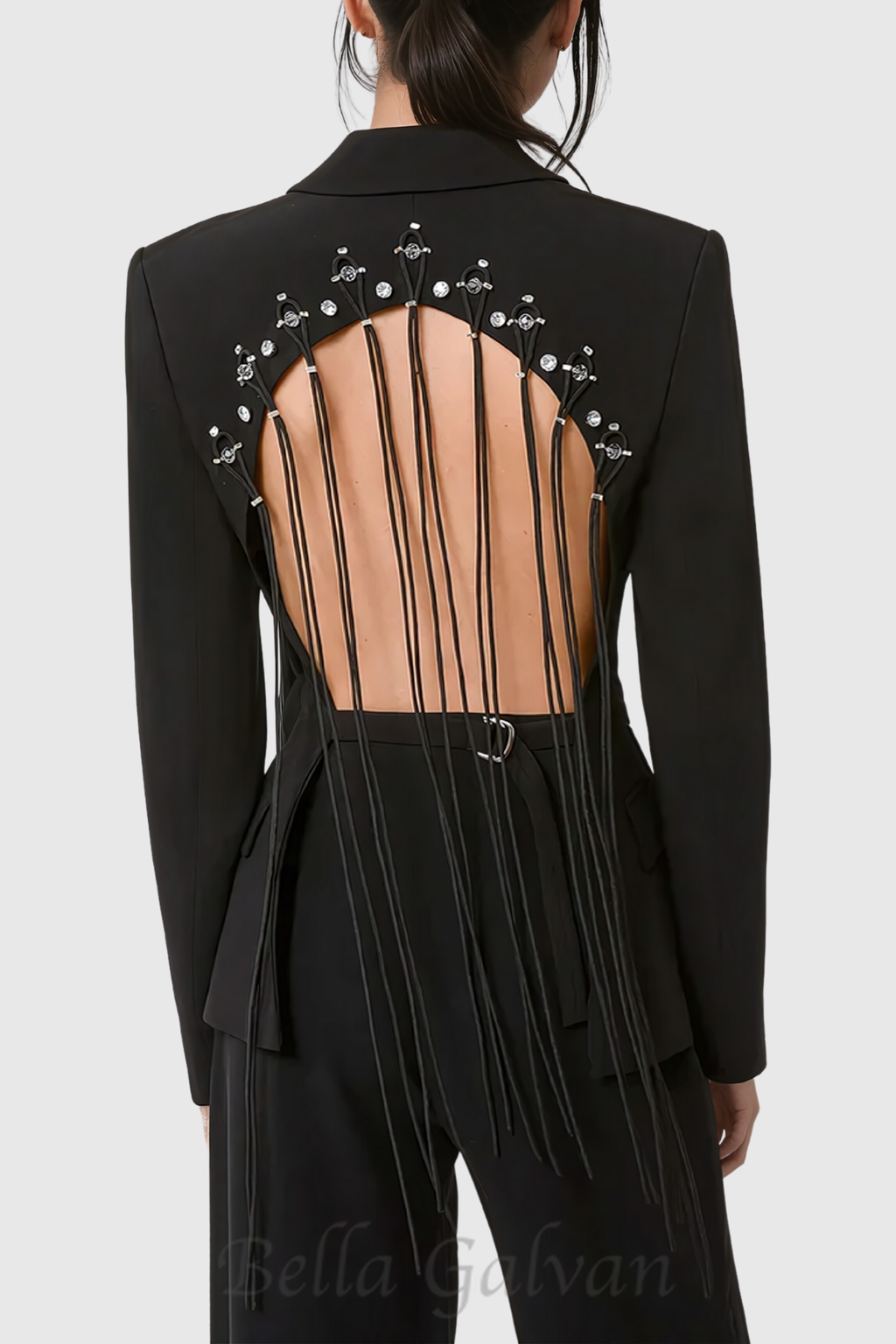 Flowering Girl Women Vienna Hollow Fringe Backless Blazer in black