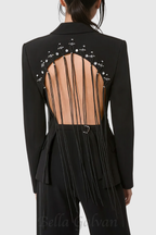 Flowering Girl Women Vienna Hollow Fringe Backless Blazer in black