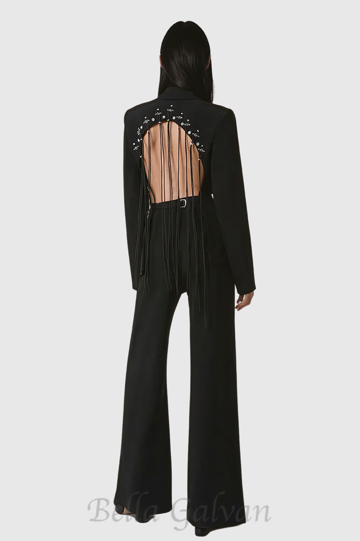 Flowering Girl Women Vienna Hollow Fringe Backless Blazer in black