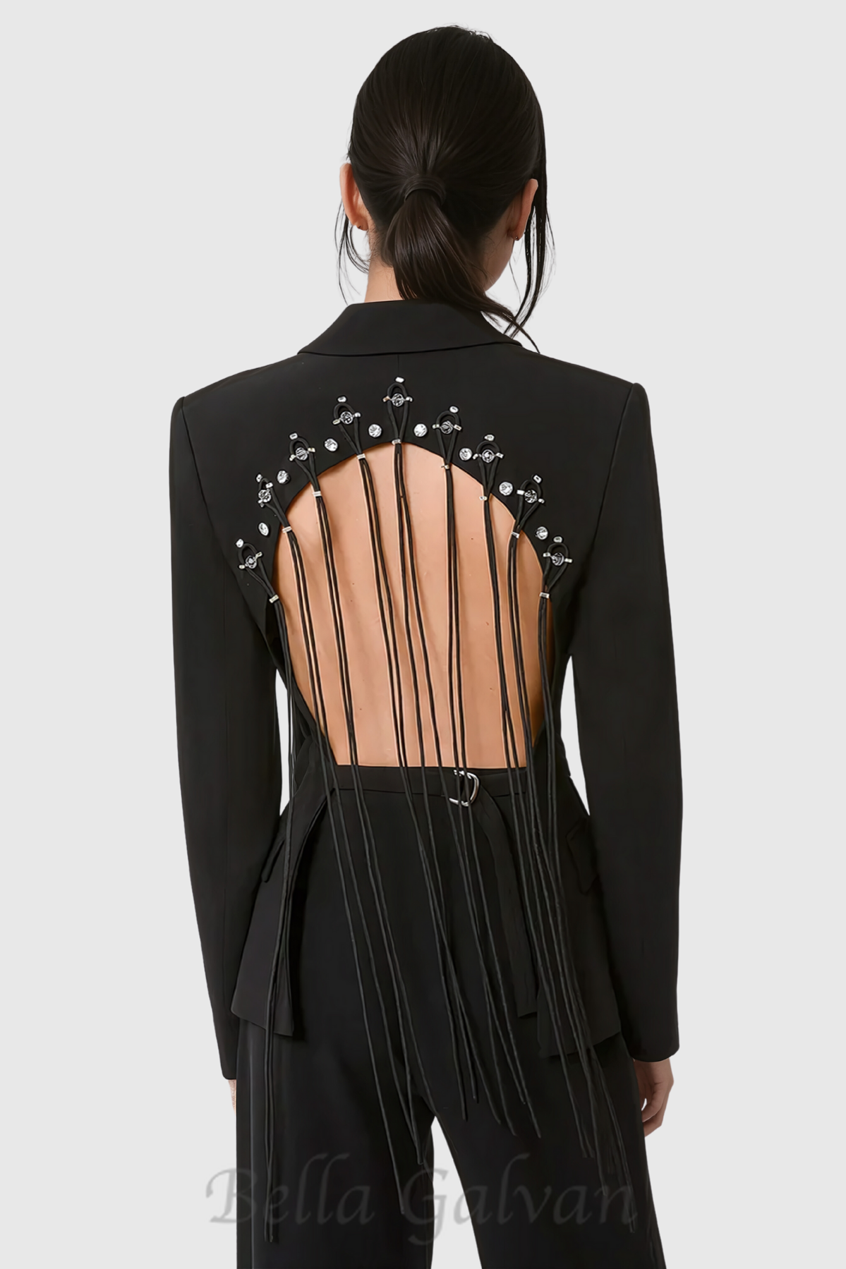 Flowering Girl Women Vienna Hollow Fringe Backless Blazer in black