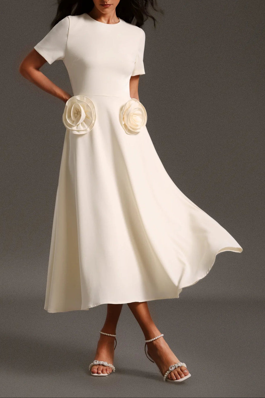 Flowering Girl Women Vinly Round Neck Short Sleeves Flowers Maxi Dress