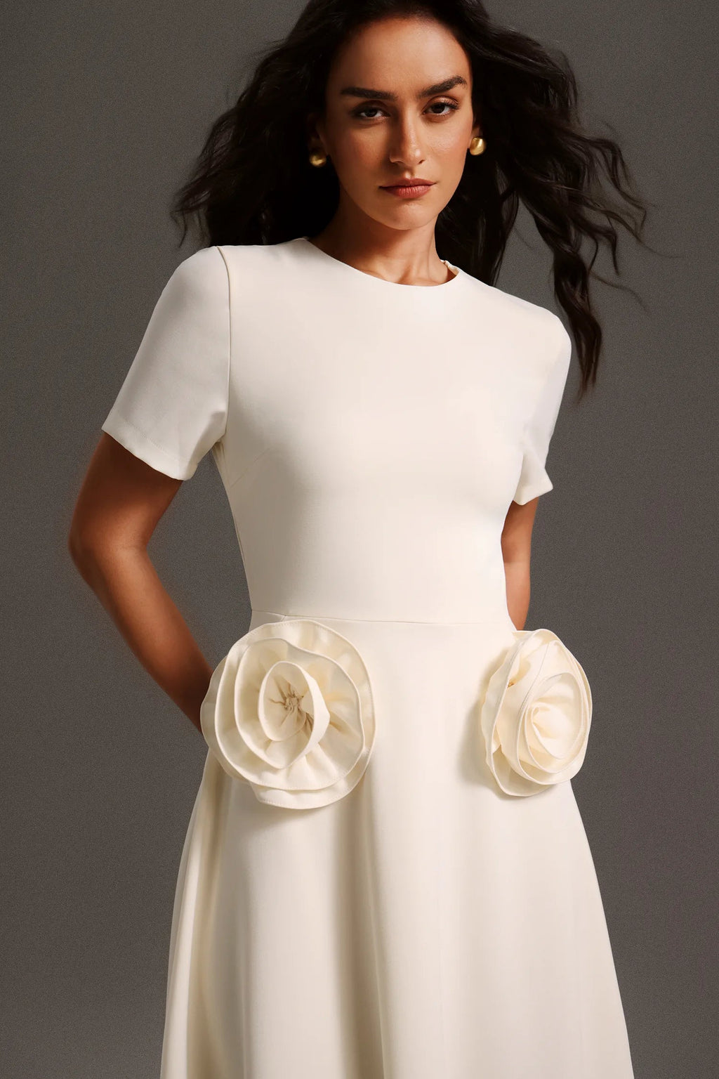 Flowering Girl Women Vinly Round Neck Short Sleeves Flowers Maxi Dress
