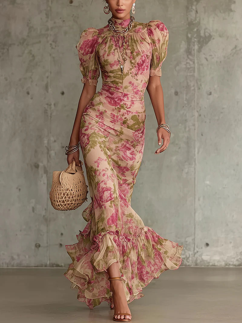 Flowering Girl Women Vintage Rose Print Maxi Dress With Puff Sleeves（Accessories not included）