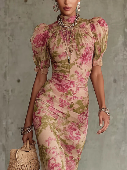 pamela Vintage Rose Print Maxi Dress With Puff Sleeves