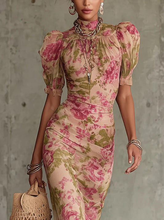 pamela Vintage Rose Print Maxi Dress With Puff Sleeves