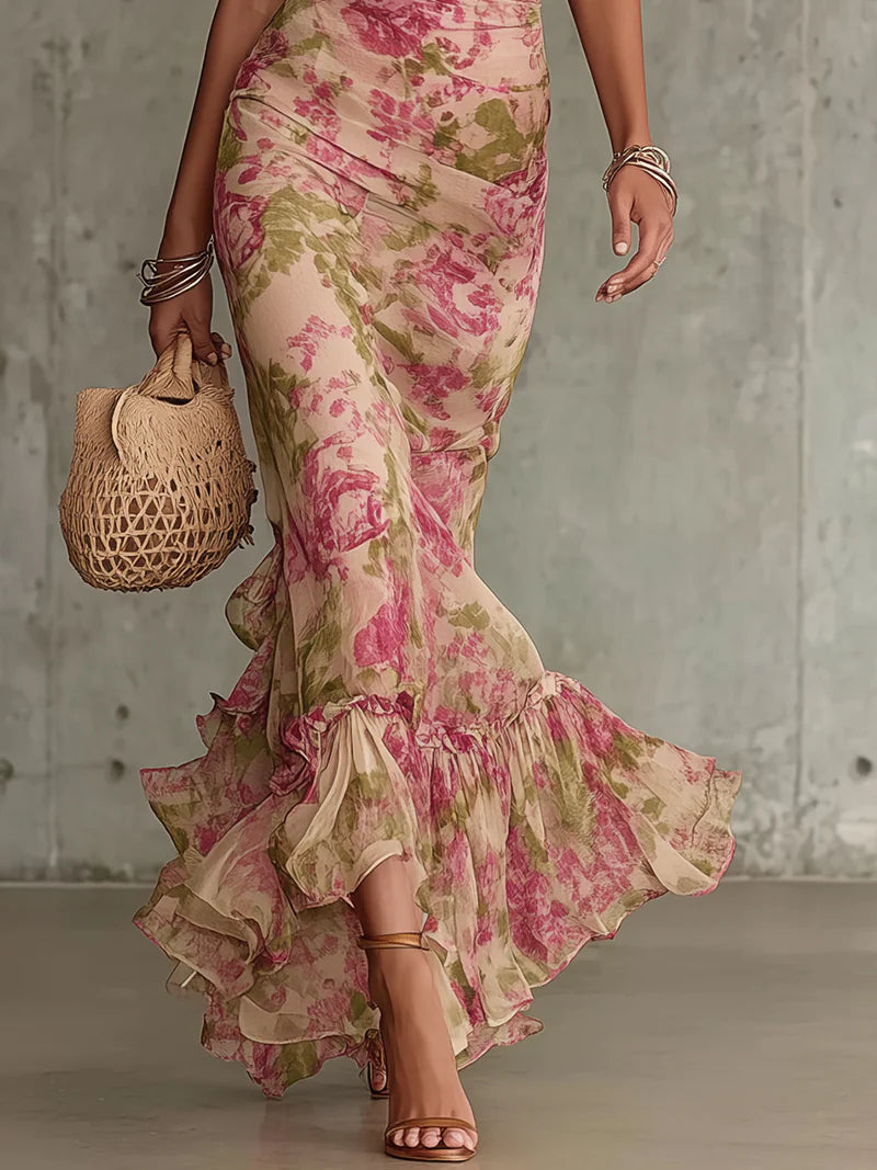 Flowering Girl Women Vintage Rose Print Maxi Dress With Puff Sleeves（Accessories not included）