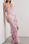 Flowering Girl Women Floral Frill Sweetheart Neck Sleeveless Maxi Dress