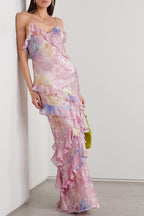 Flowering Girl Women Floral Frill Sweetheart Neck Sleeveless Maxi Dress