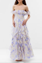 helen Floral Frill Off-Shoulder Maxi Dress in blue