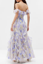 helen Floral Frill Off-Shoulder Maxi Dress in blue