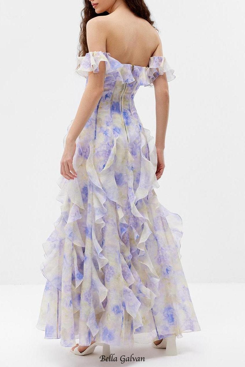helen Floral Frill Off-Shoulder Maxi Dress in blue
