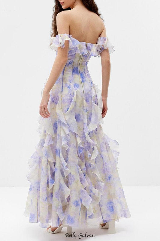 helen Floral Frill Off-Shoulder Maxi Dress in blue