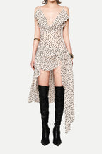 Flowering Girl Women Polka dot sleeveless irregular hem midi dress in apricot