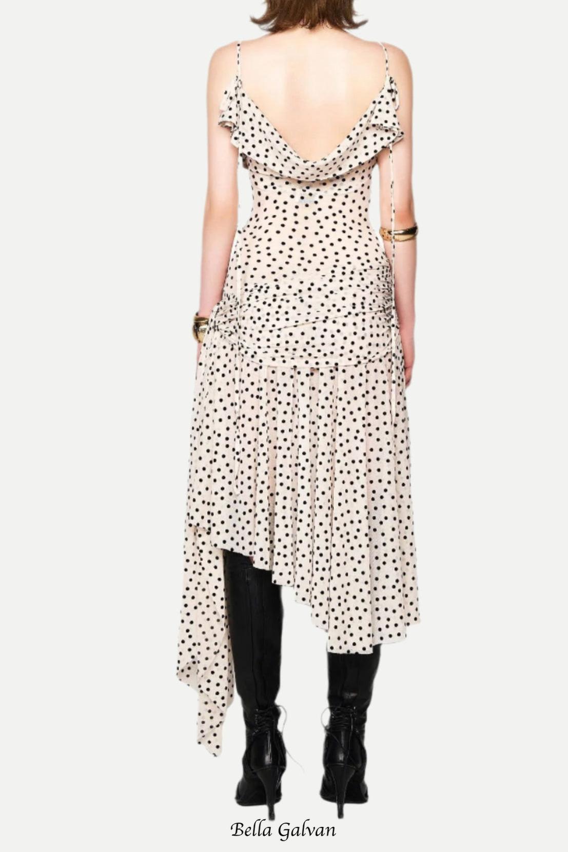 Polka dot sleeveless irregular hem midi dress in apricot