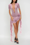 Waldek Lace Up Plunge Asymmetric Ruffle Mini Dress