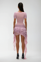 Waldek Lace Up Plunge Asymmetric Ruffle Mini Dress