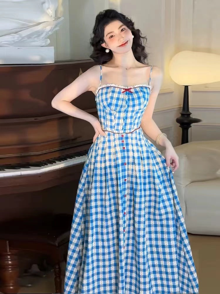 Flowering Girl Women virginia plaid strap maxi dress in blue