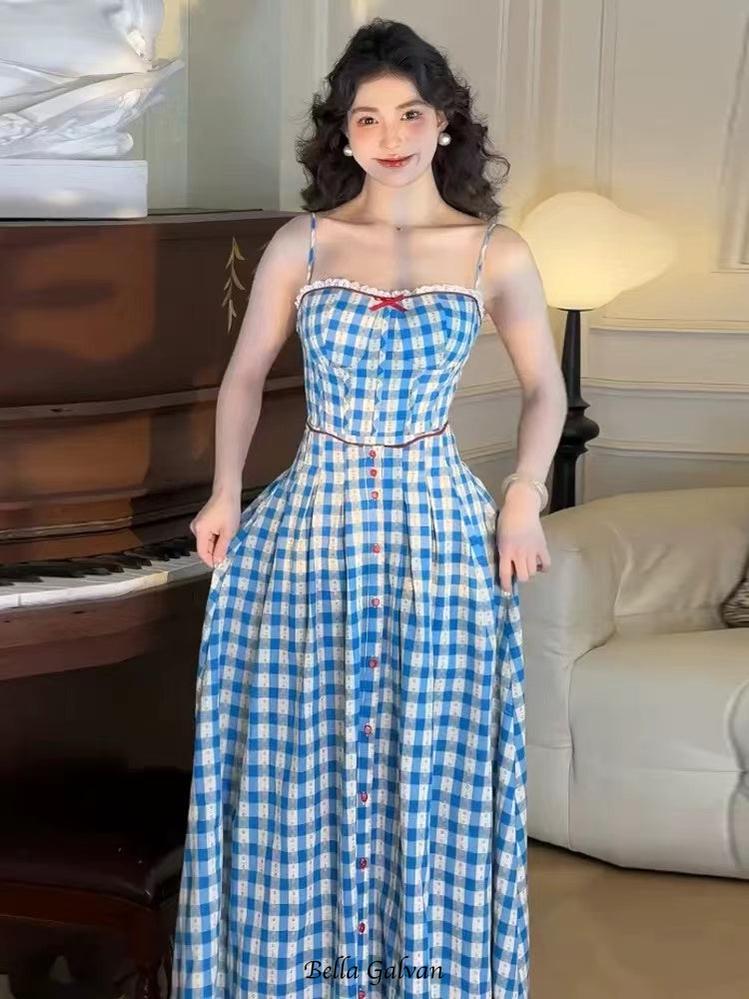Flowering Girl Women virginia plaid strap maxi dress in blue