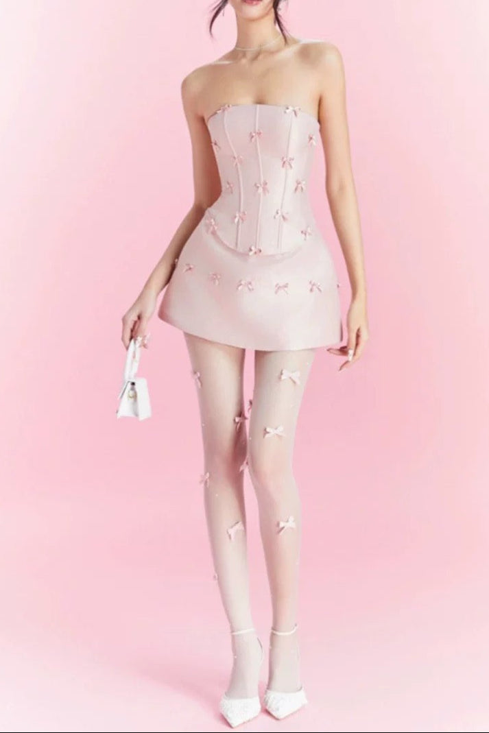 Flowering Girl Women Pink Bow Embellished Strapless Mini Dress Set