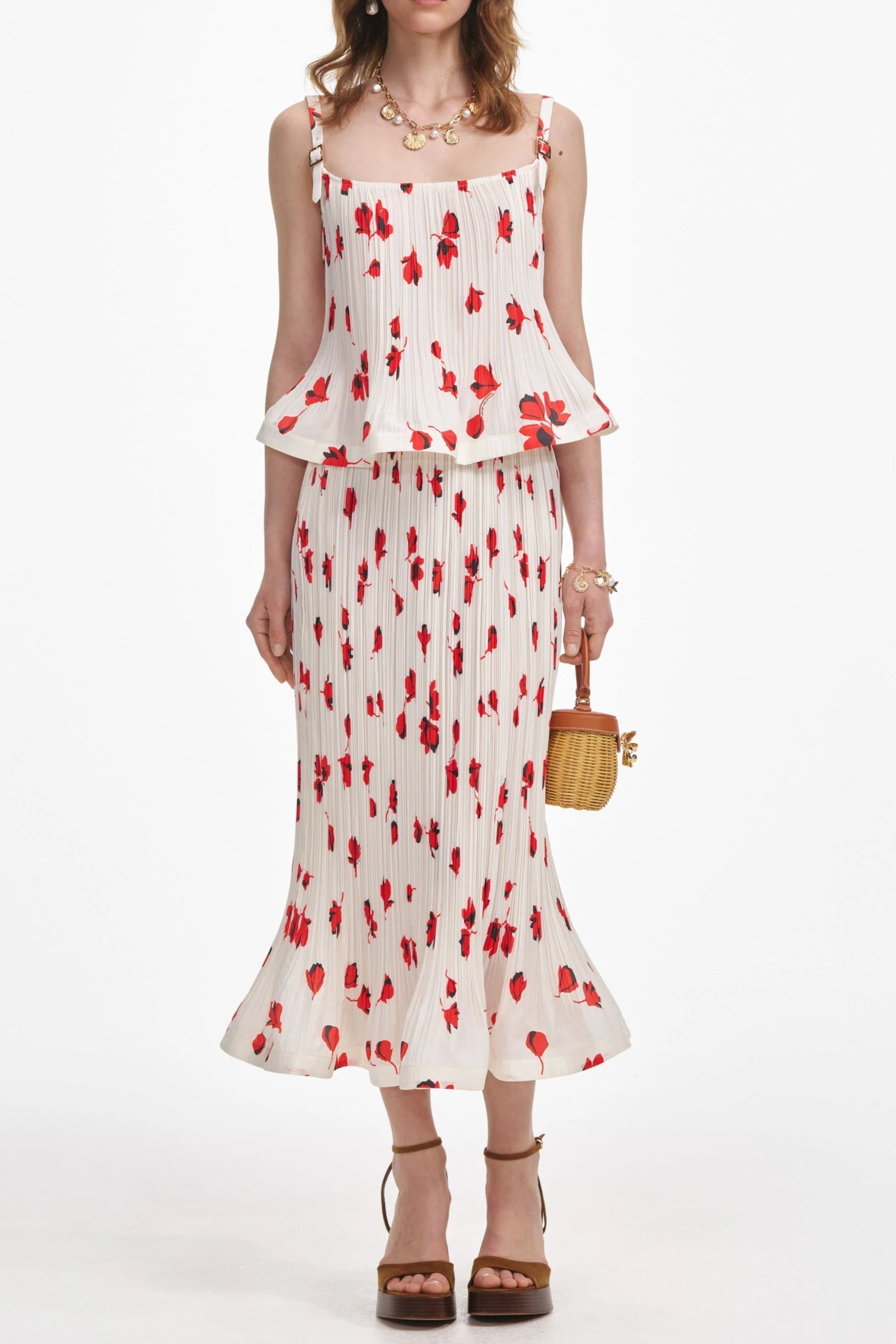 White Floral Plisse Midi Skirt