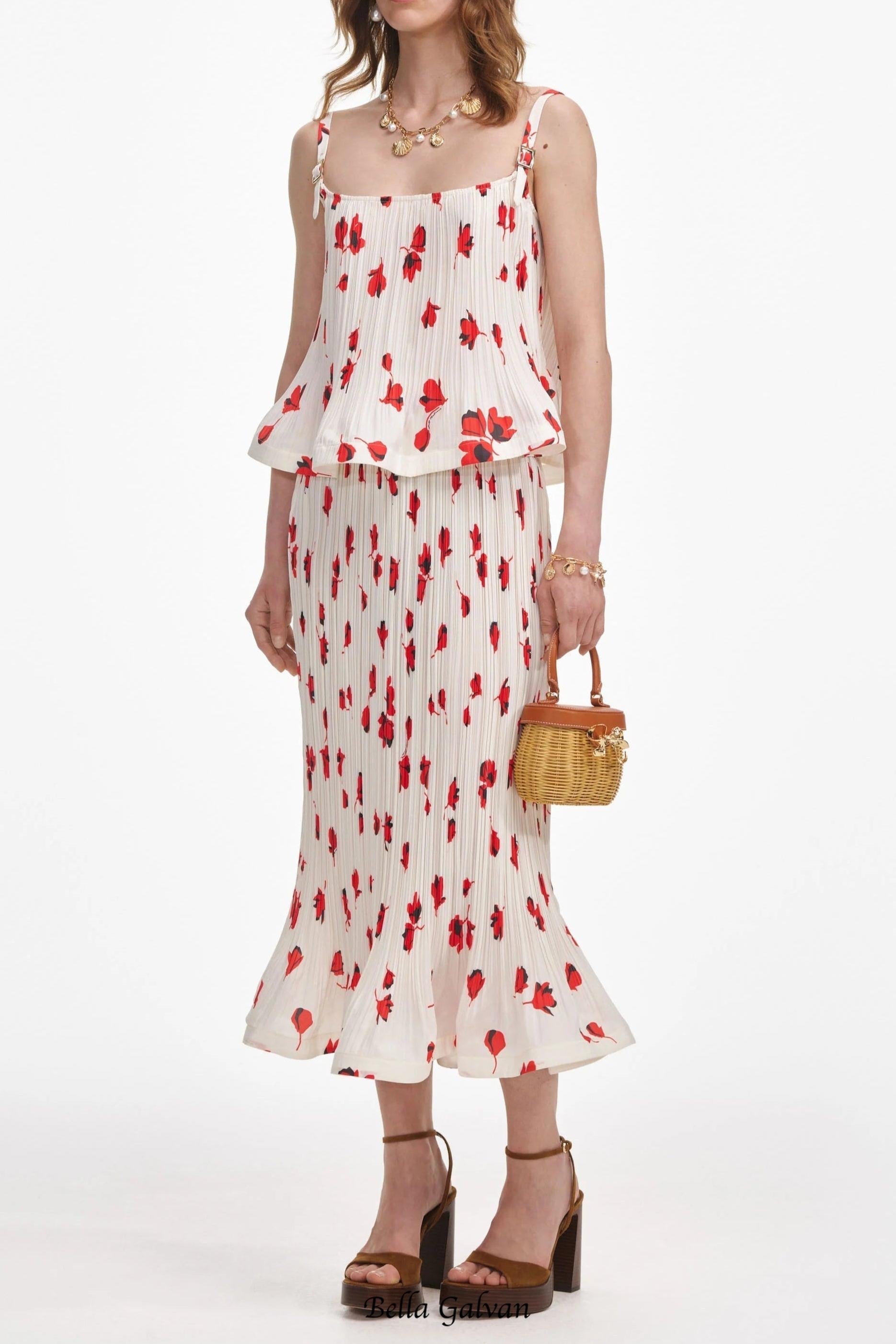White Floral Plisse Midi Skirt
