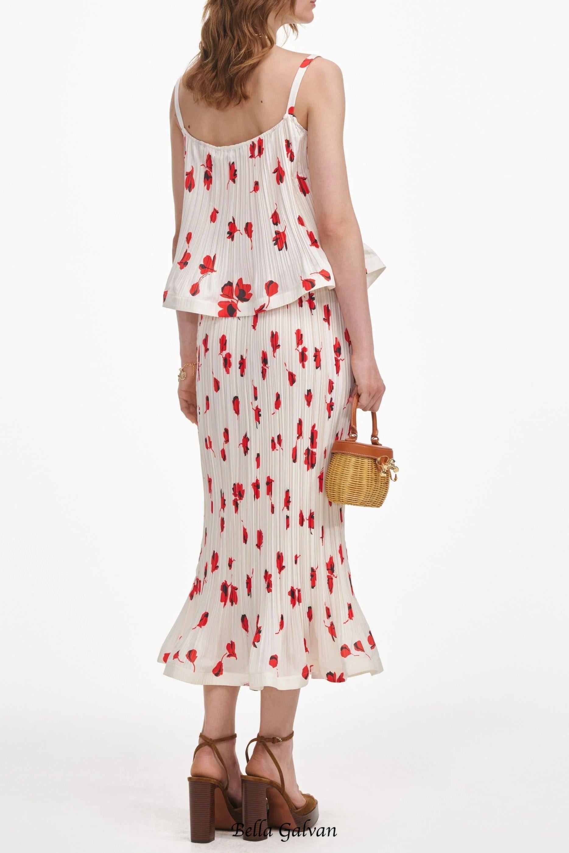 White Floral Plisse Midi Skirt